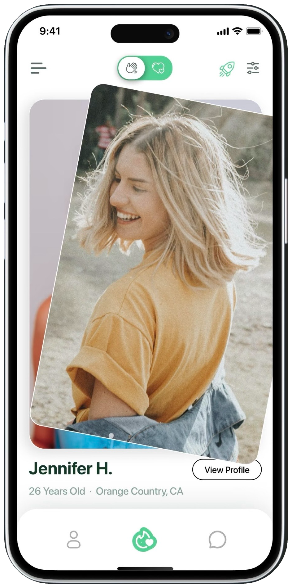 Above app — swipe screen showing a member profile